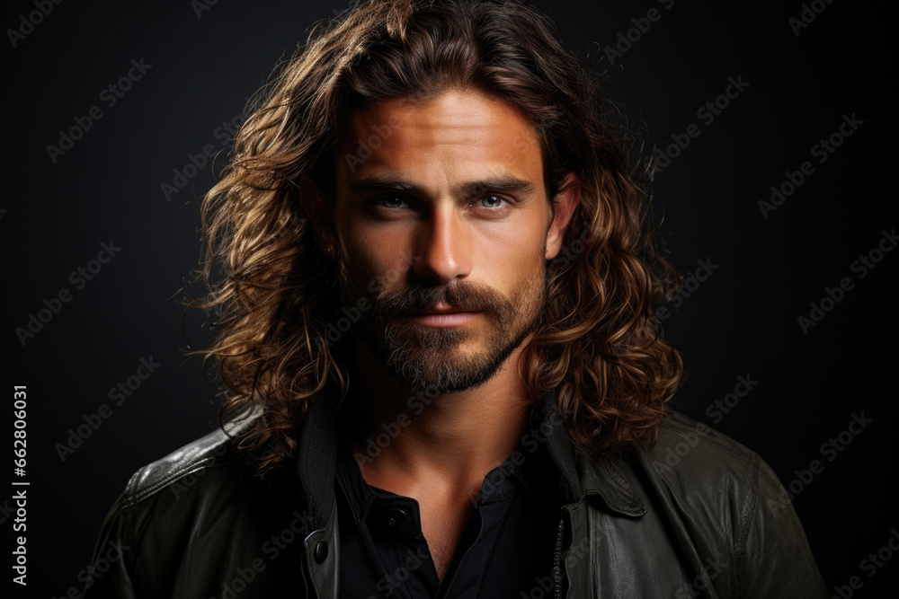 Young male model standing in front of dark grey background. Young male model standing in front of dark grey background.
