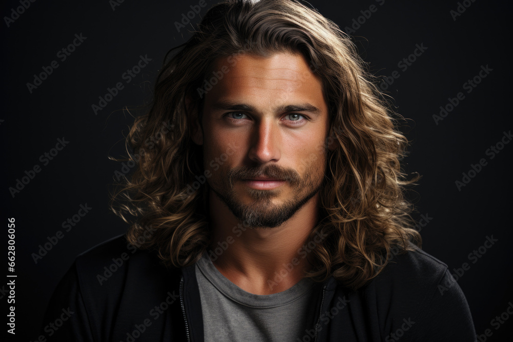 Young male model standing in front of dark grey background. Young male model standing in front of dark grey background.