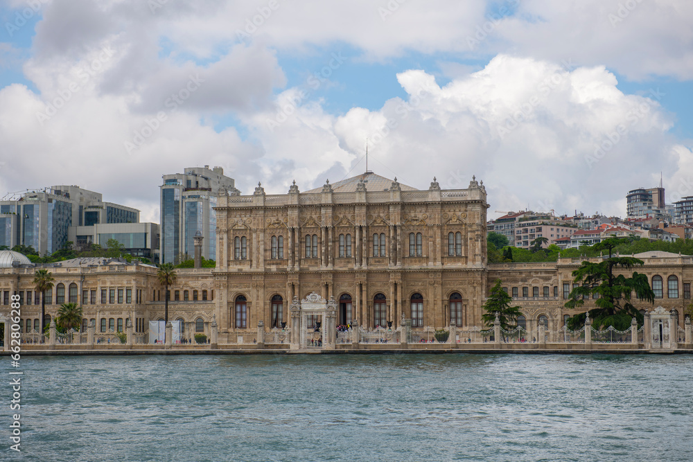 Dolmabahce Palace viewd from Bosporus Strait. The palace is the home of Ottoman sultan in Besiktas district in historic city of Istanbul, Turkey. 