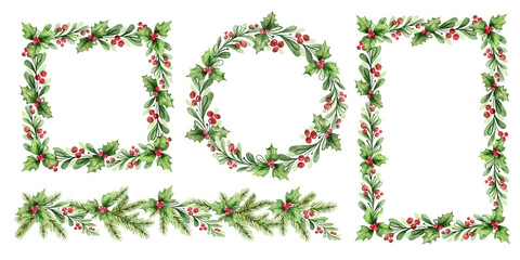 Watercolor Christmas borders frames set with fir branches and red berries. Hand painted winter plants. Xmas template.