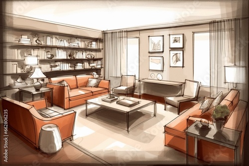 Illustration of a contemporary living room. Generative AI