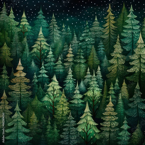 Naively Drawn Christmas Forest with Fir Trees and Starry Sky for Festive Season Design © bazusa