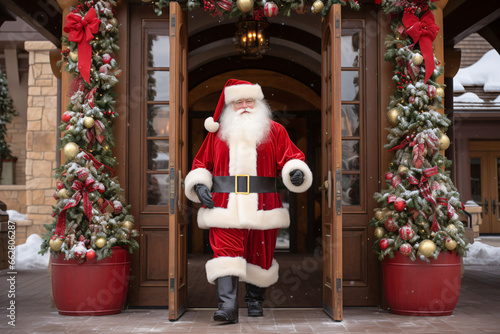 Santa Claus's Majestic Arrival, Stepping Out from a Door Entrance in His Vibrant Iconic Red Suit, Eyes Twinkling with Festive Joy