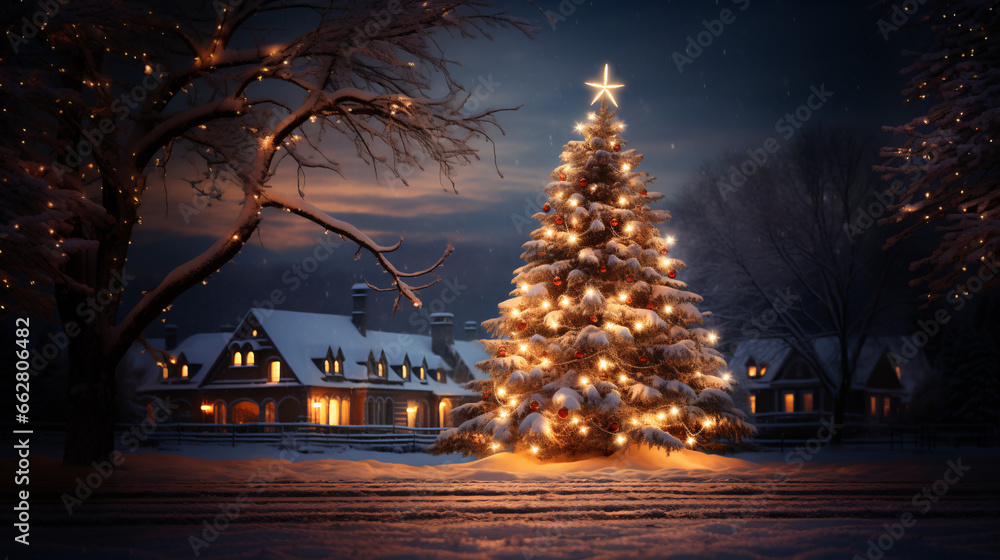 Grand Christmas Tree Illuminated by Moonlight, Sparkling with Fresh Snow Against a Silent, Snow-Kissed Night