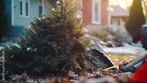 Discarded Christmas Tree at Curbside: Signs of Post-Holiday Waste and Garbage © bazusa