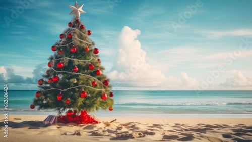 Festive Christmas Tree Adorns Serene Tropical Beach with Crystal-clear Ocean Waters in Maldives Vacation Destination Image