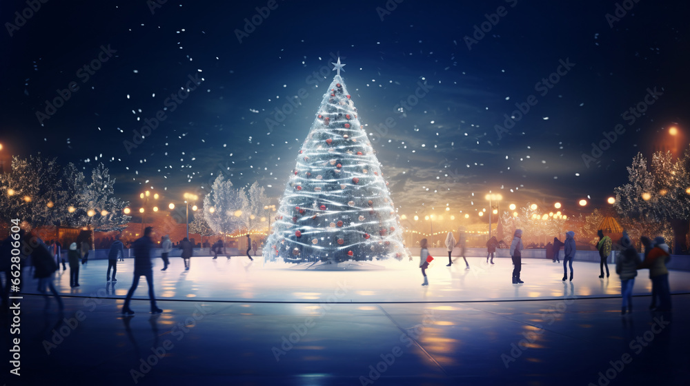Ice Skaters Gliding Under Illuminated Christmas Tree on a Starry Winter Night with Realistic Reflections Capturing the Festive Spirit - obrazy, fototapety, plakaty 