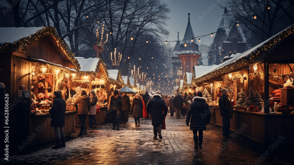 Bustling Christmas Market with Wooden Stalls and Dynamic Lighting