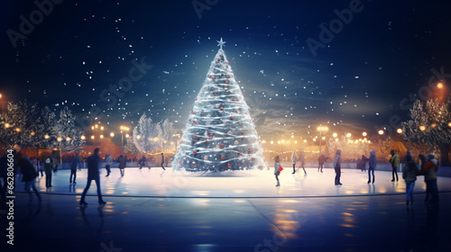 Ice Skaters Gliding Under Illuminated Christmas Tree on a Starry Winter Night with Realistic Reflections Capturing the Festive Spirit