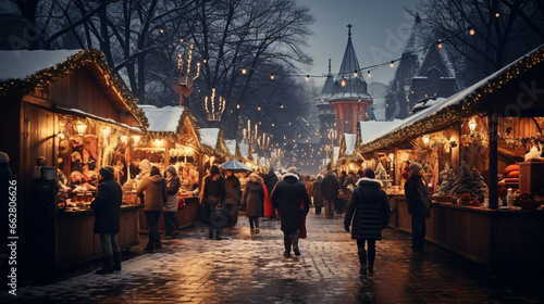 Bustling Christmas Market with Wooden Stalls and Dynamic Lighting