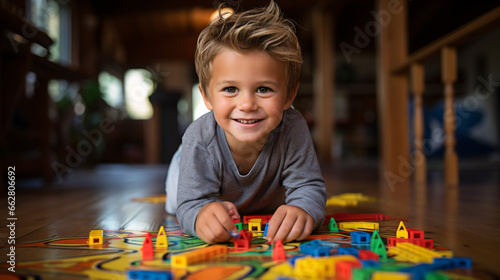 3 year old boy playing on the floor with colored plastic construction pieces. His environment is in a modern house, image with warm and pleasant tones.