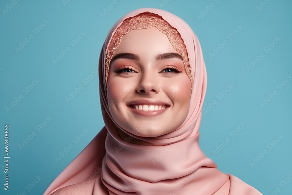 the woman wearing the hijab is smiling happily. isolated on blue background the woman wearing the hijab is smiling happily. isolated on blue background