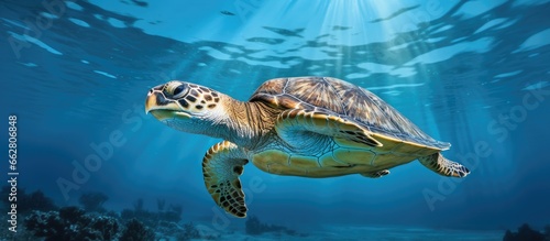 Green sea turtle swimming in the ocean With copyspace for text