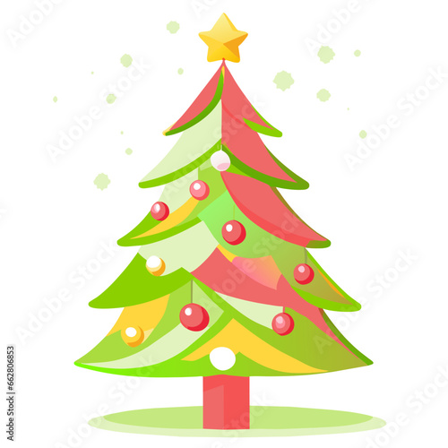 chirstmas tree polygonal cute Simple New year decorated with light start red and golden ball design Vector Illustration
