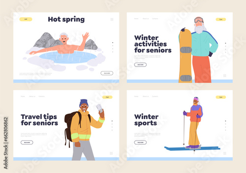 Landing page design template offering winter time activities for people during holiday vacation