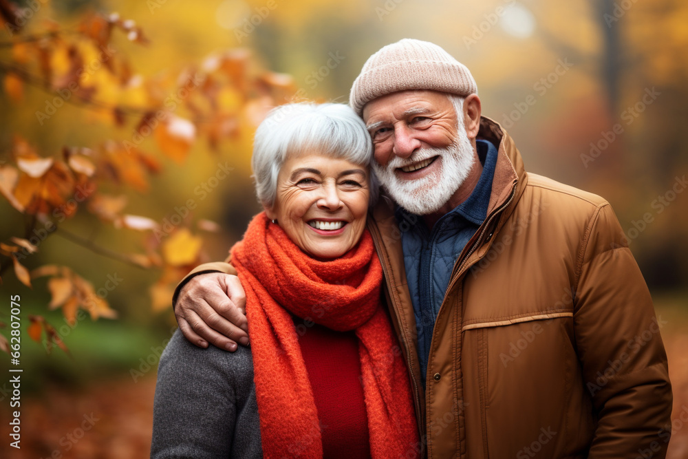Portrait of an elderly couple together. Happy senior couple in autumn park. Portrait of an elderly couple together. Happy senior couple in autumn park.