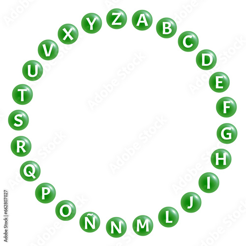 Rosco verde de letras RECORTABLE en PNG transparente sin fondo para jugar a adivinar palabras con definiciones, incluye la Ñ para español