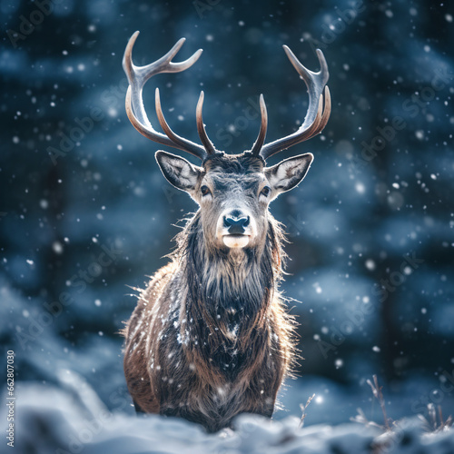 A cinematic still captures a beautiful Christmas reindeer, its majesty amplified amidst the enchanting snowy landscape.
