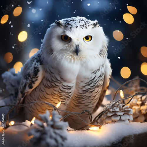 In the quiet of a snowy night, a snowy owl rests on festive garland, surrounded by the warm glow of holiday lights, encapsulating Christmas magic.