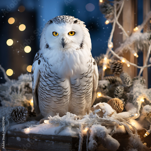 A snowy owl perches on festive garland amidst snowfall and glowing holiday lights, weaving a Christmas enchantment with cinematic flare.