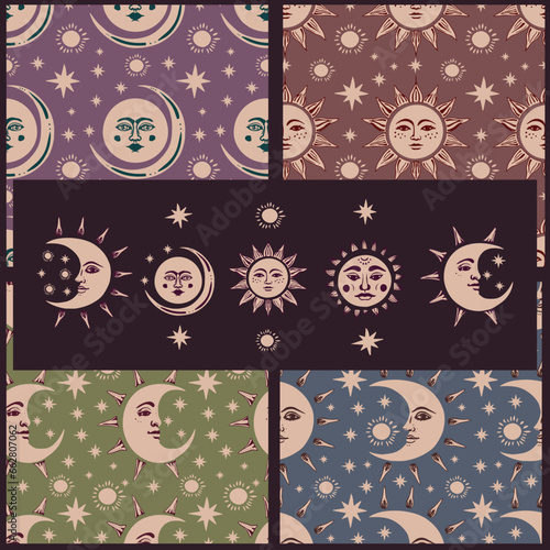 Moon, sun, stars with face in vintage style collection. Various patterns in astrological boho style and cosmic elements. Vector elements and ornaments.