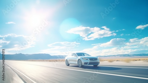 A white car driving down a highway under a blue sky photo