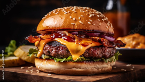 Melting cheddar on grilled burger with tomato, onion, and fries generated by AI