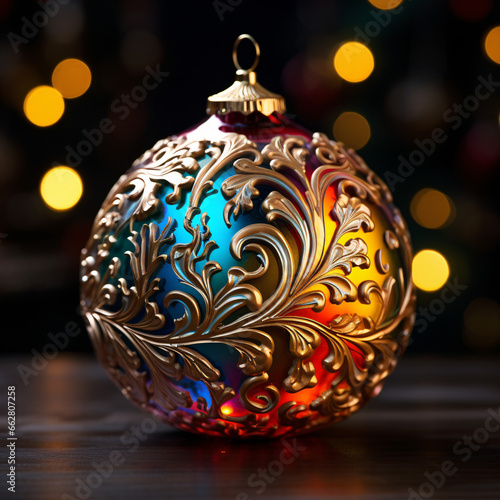Close-Up of a Glossy Christmas Tree Ball with Vibrant Colors, Intricate Patterns, and Dramatic Spotlight Shadows © Dream Canvas CPH