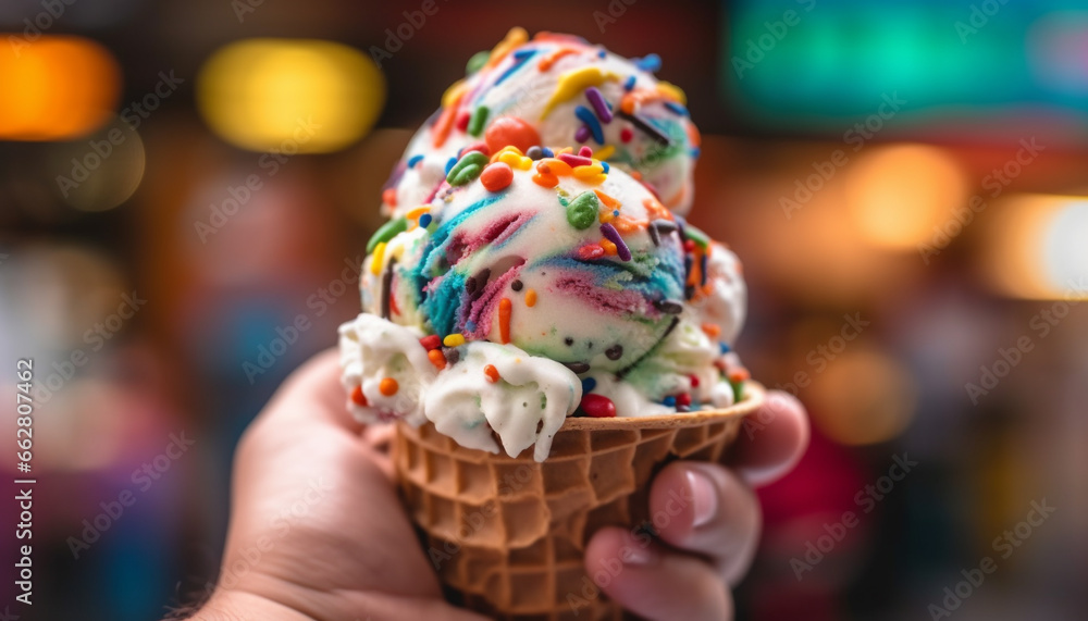 Hand holding multi colored ice cream cone, indulging in sweet refreshment generated by AI