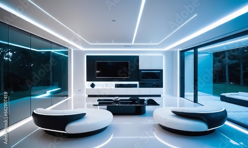  a sleek and minimalist futuristic home in a sci-fi-inspired style