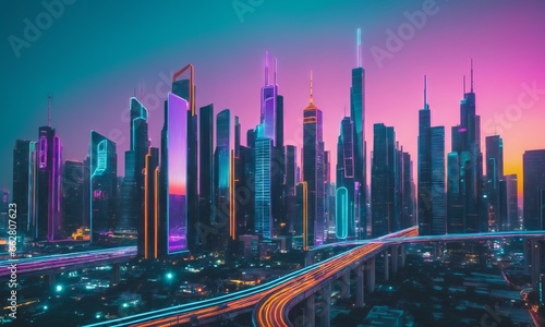 a mesmerizing holographic cityscape at dusk