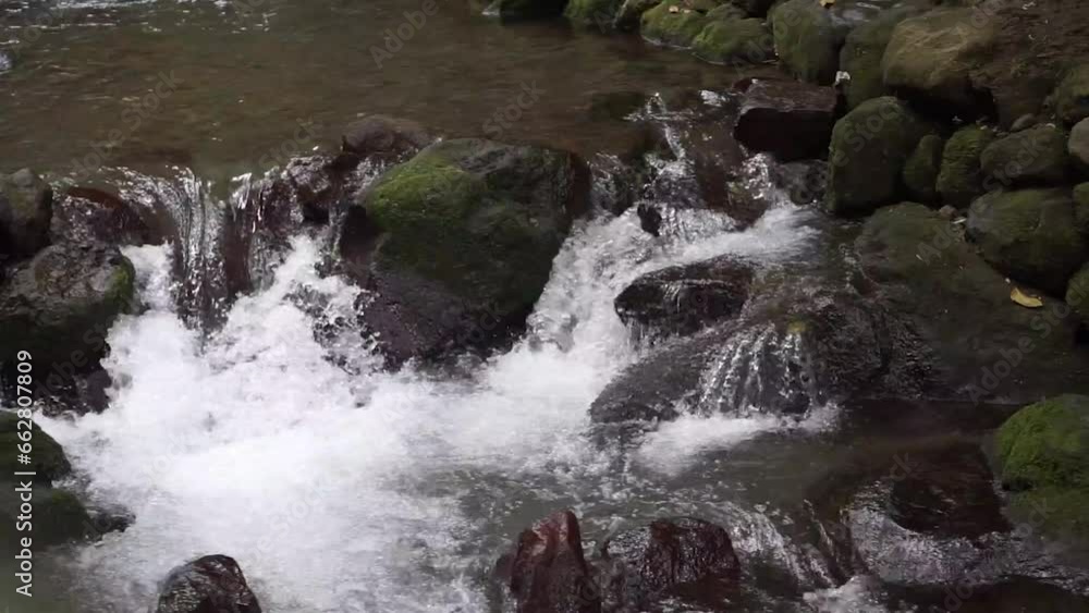 Portrait Clear water flowing over large rocks covered with green moss close up in slow motion. Portrait Clear water flowing over large rocks covered with green moss close up in slow motion.