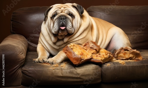 Photo of a dog sitting on a couch with a piece of bread