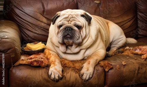 Photo of a dog relaxing on a couch next to a tempting plate of food © uhdenis