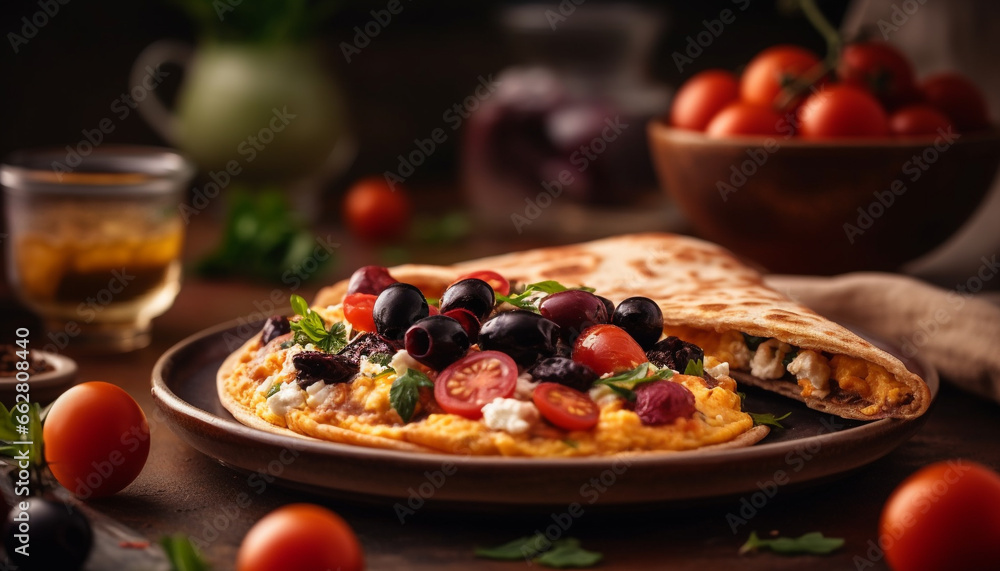Fresh homemade gourmet meal on rustic wood table with healthy ingredients generated by AI Fresh homemade gourmet meal on rustic wood table with healthy ingredients generated by AI