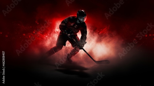 A hockey player in a striking black and red uniform on the ice