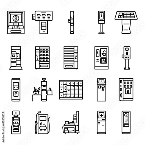 Self-service machines black line icons set.