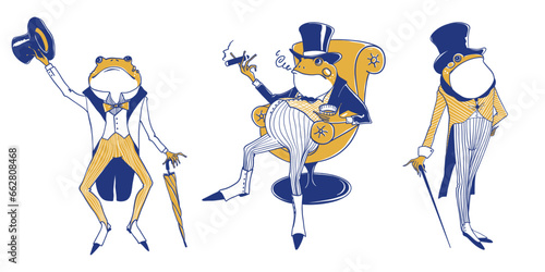 Hipster frog animal vector art illustration, frog gentleman, stylishly dressed, toad gentleman, humanized frog wearing, gentlemen club, retro frog
