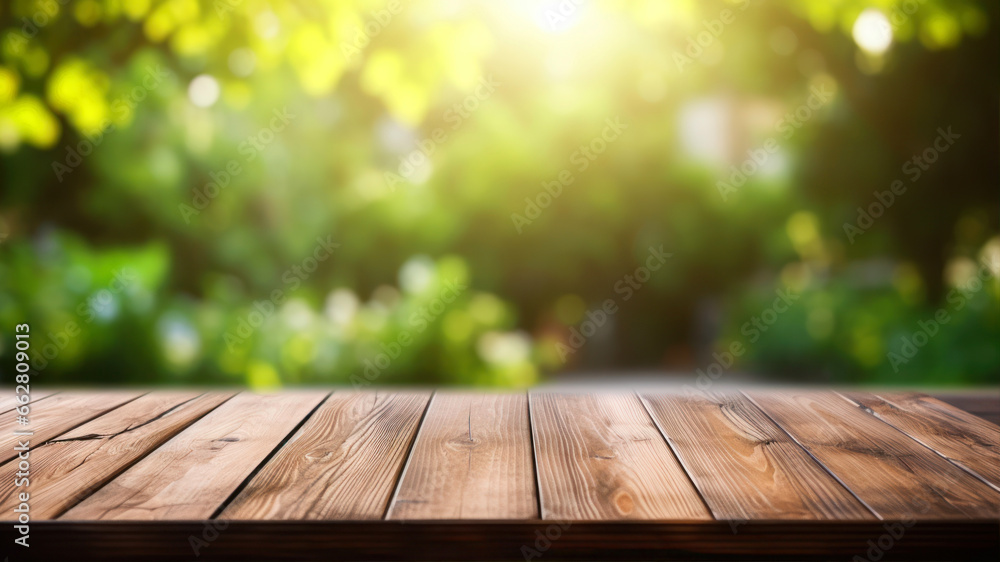 Empty wooden table for product display montages with bokeh background