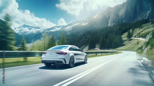 A white car navigating a scenic mountain road © mattegg