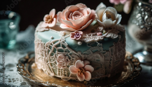 Ornate wedding cake with homemade chocolate icing and berry decoration generated by AI