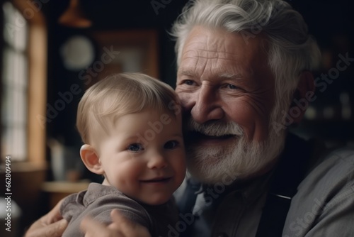 Close-up portrait of a happy grandfather with his grandson at home