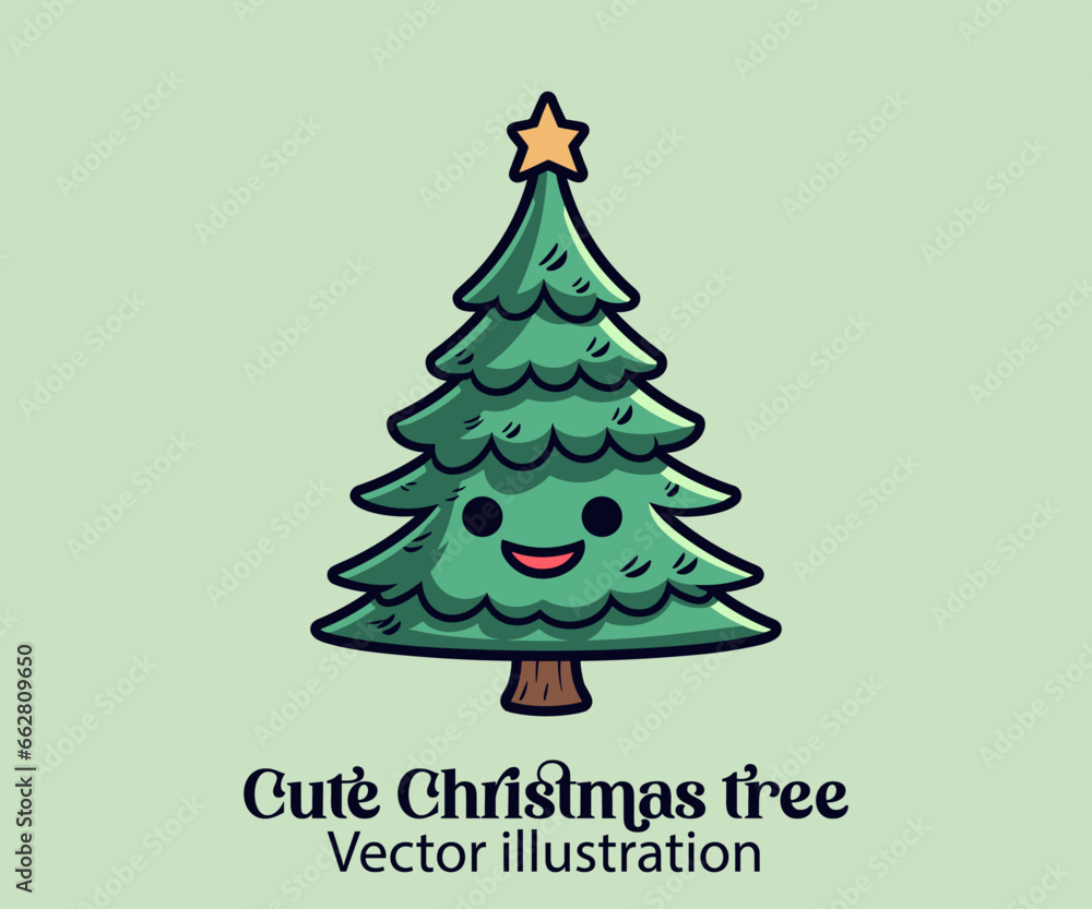 Vector Christmas cartoon, cute Christmas tree, Happy winter holiday Vector Christmas cartoon, cute Christmas tree, Happy winter holiday