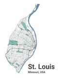 St. Louis map, Missouri, American city. Municipal administrative area map with rivers and roads, parks and railways.