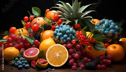 Freshness of vibrant colors  juicy fruit collection on wooden table generated by AI
