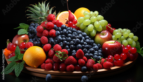 Freshness of nature bounty grape, strawberry, raspberry, orange, apple generated by AI