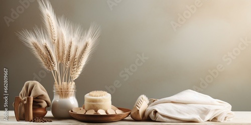 Eco friendly spa relax banner with mockup of bath beauty product, loofahs and washing brush on wooden podium with rye and wheat ears. Wellness and skin care treatment.