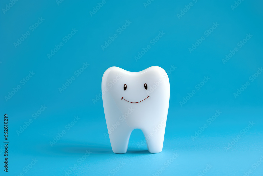 Funny Molar with a smile on a blue plain background Funny Molar with a smile on a blue plain background