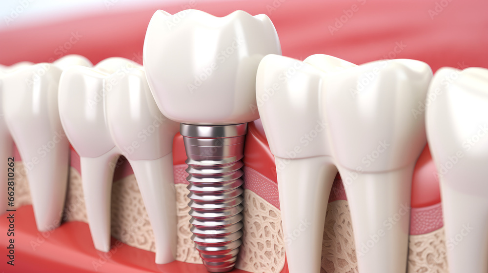 Close-up of a dental implant in the gum. 3D Close-up of a dental implant in the gum. 3D