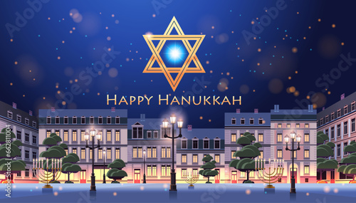 night city street with buildings light lamps and green trees happy hanukkah judaism religious holidays hebrew celebration greeting card